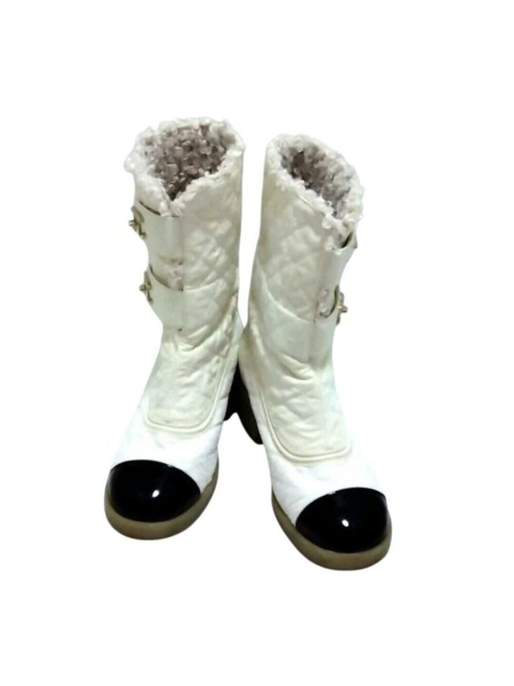 Chanel Quilted Leather Fur Boots Shoes White Gold CC Logo 37 - Picture 2 of 6